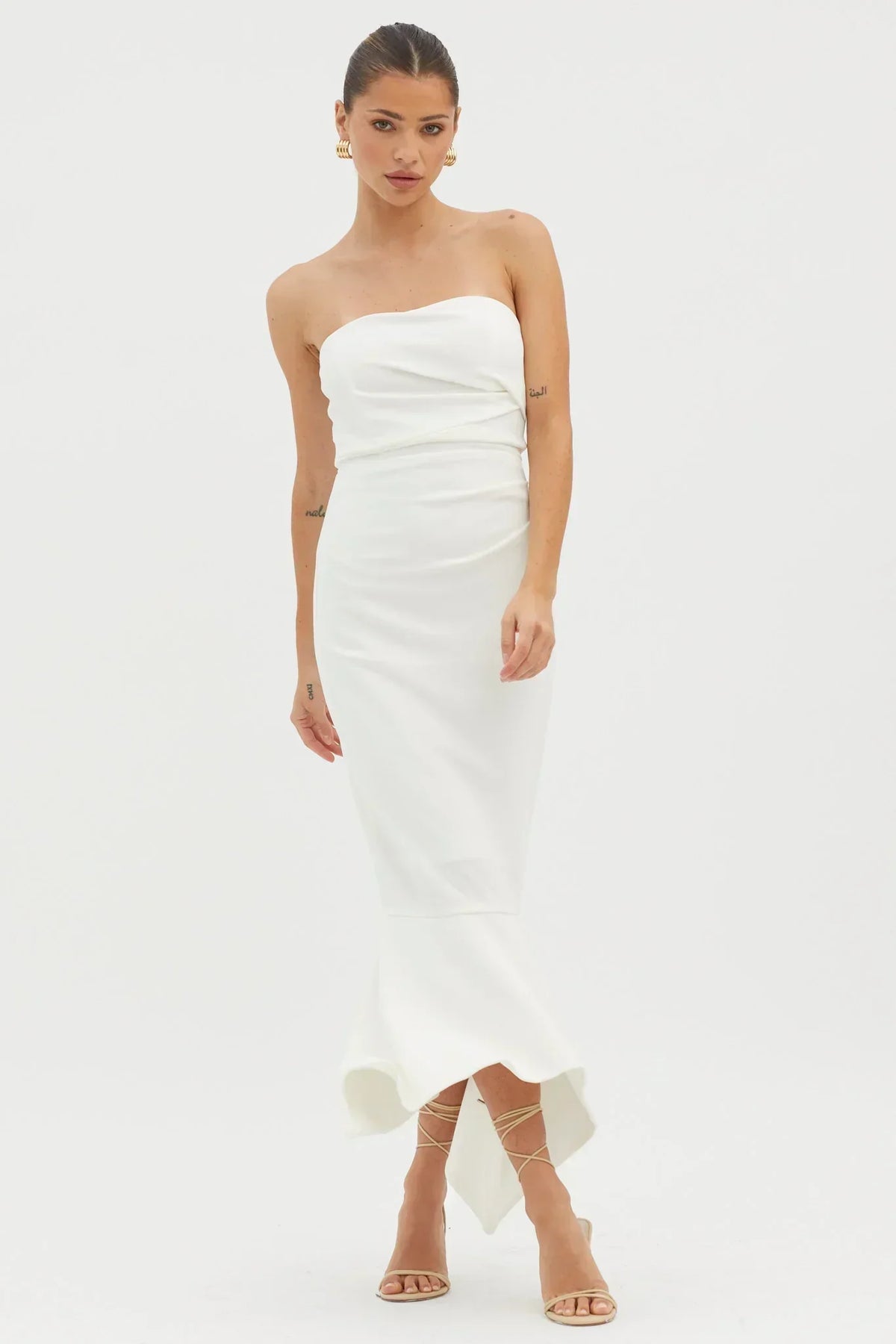 Sharona Strapless Gathered Midi Dress White