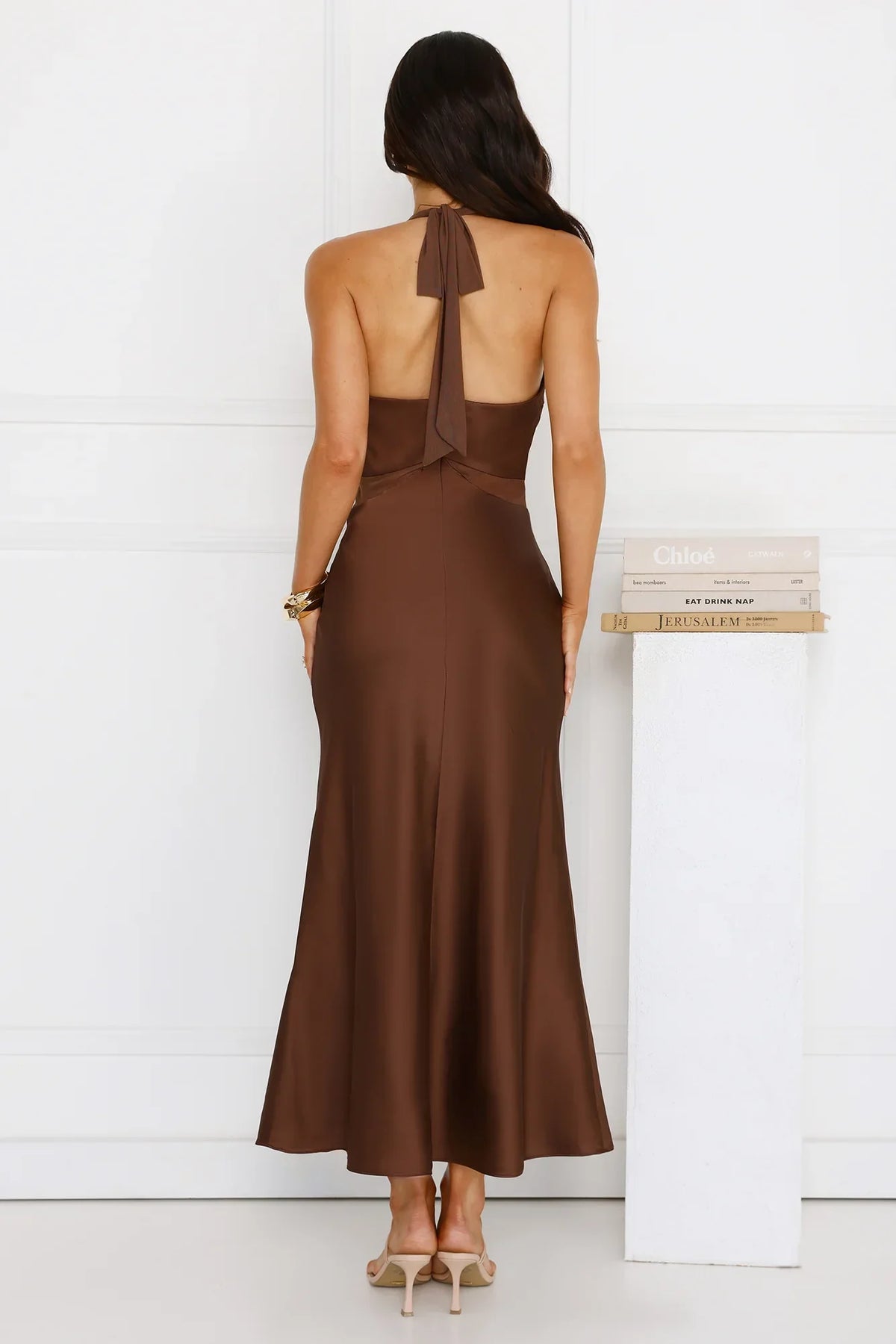 Nocturnal Bloom Satin Halter Maxi Dress Brown