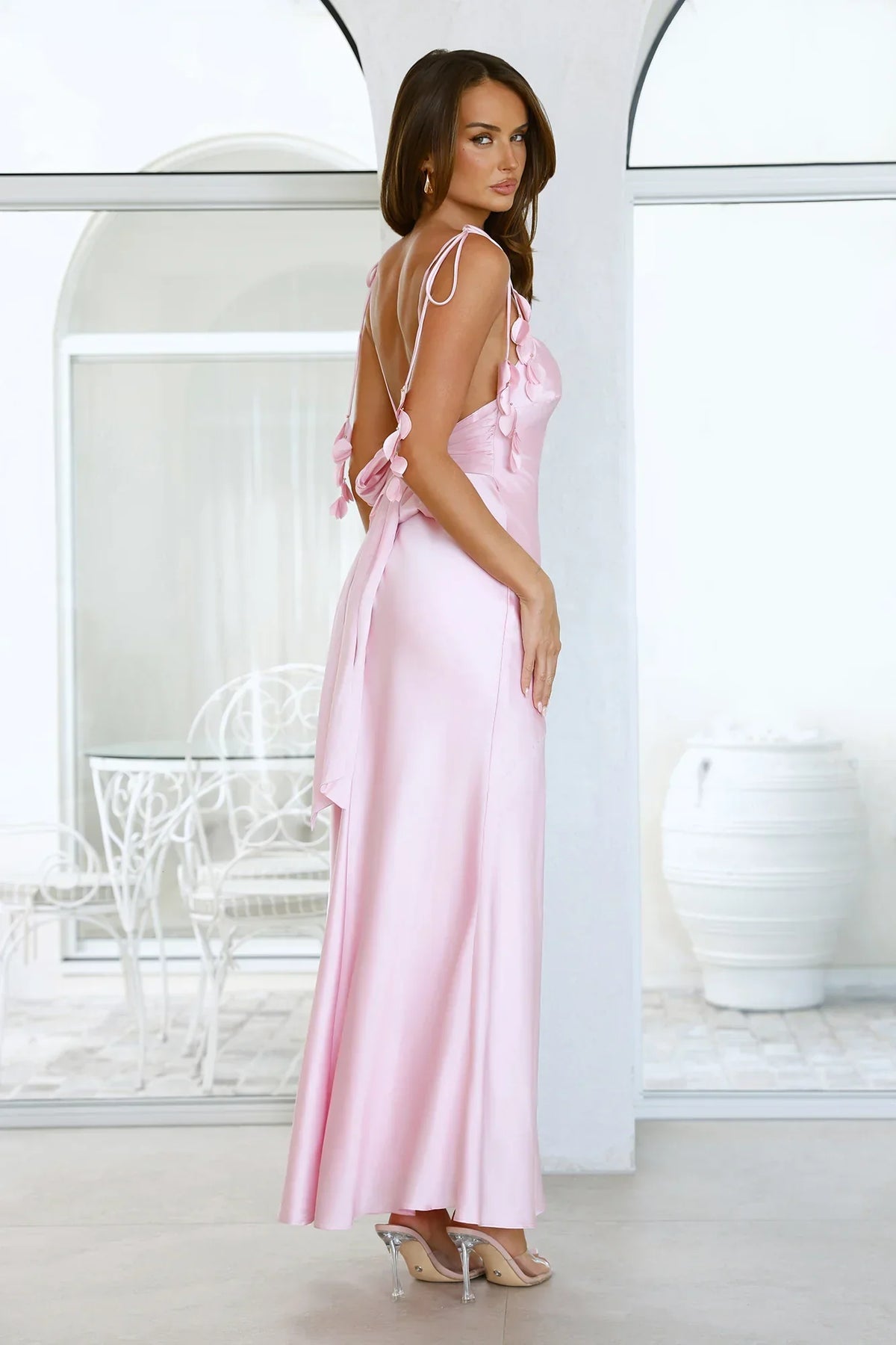 Drifted In Sunlight Satin Maxi Dress Pink