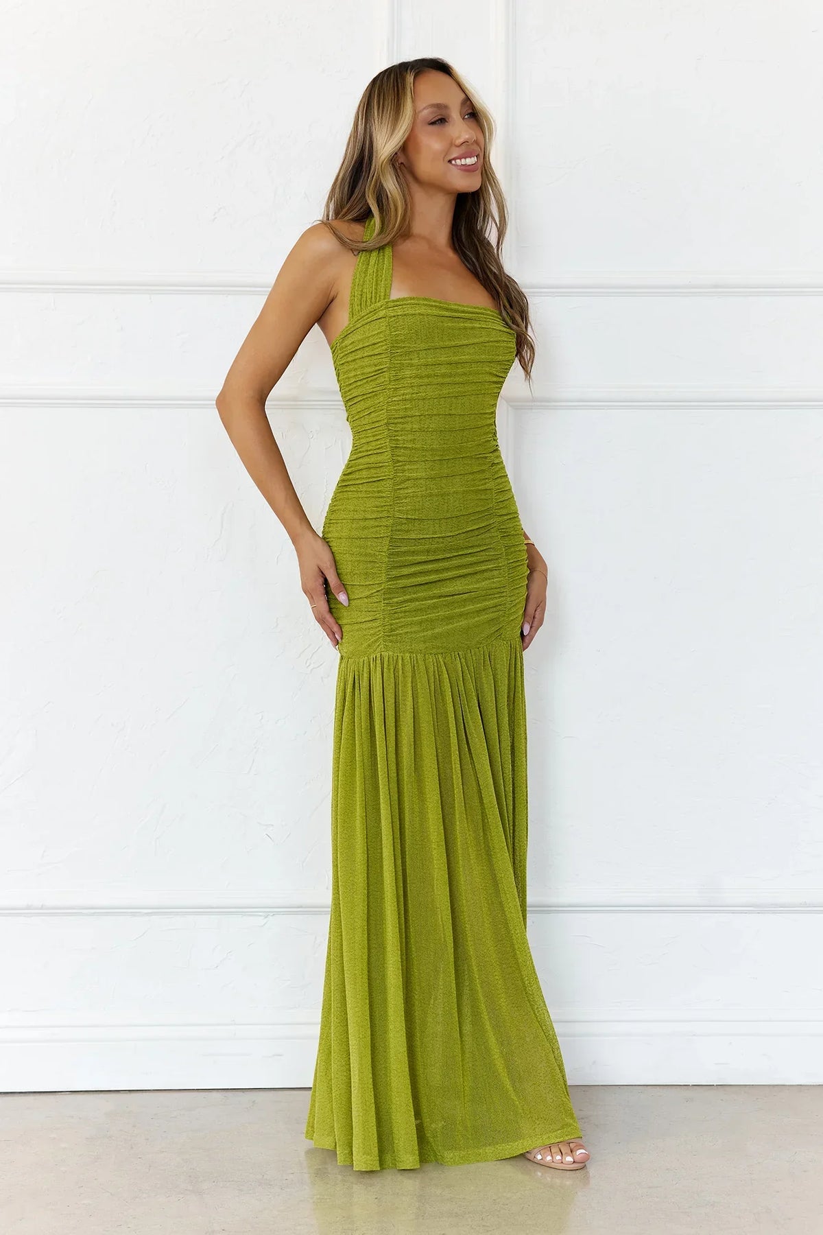 Evelyn Luxe Mesh Halter Maxi Dress Olive