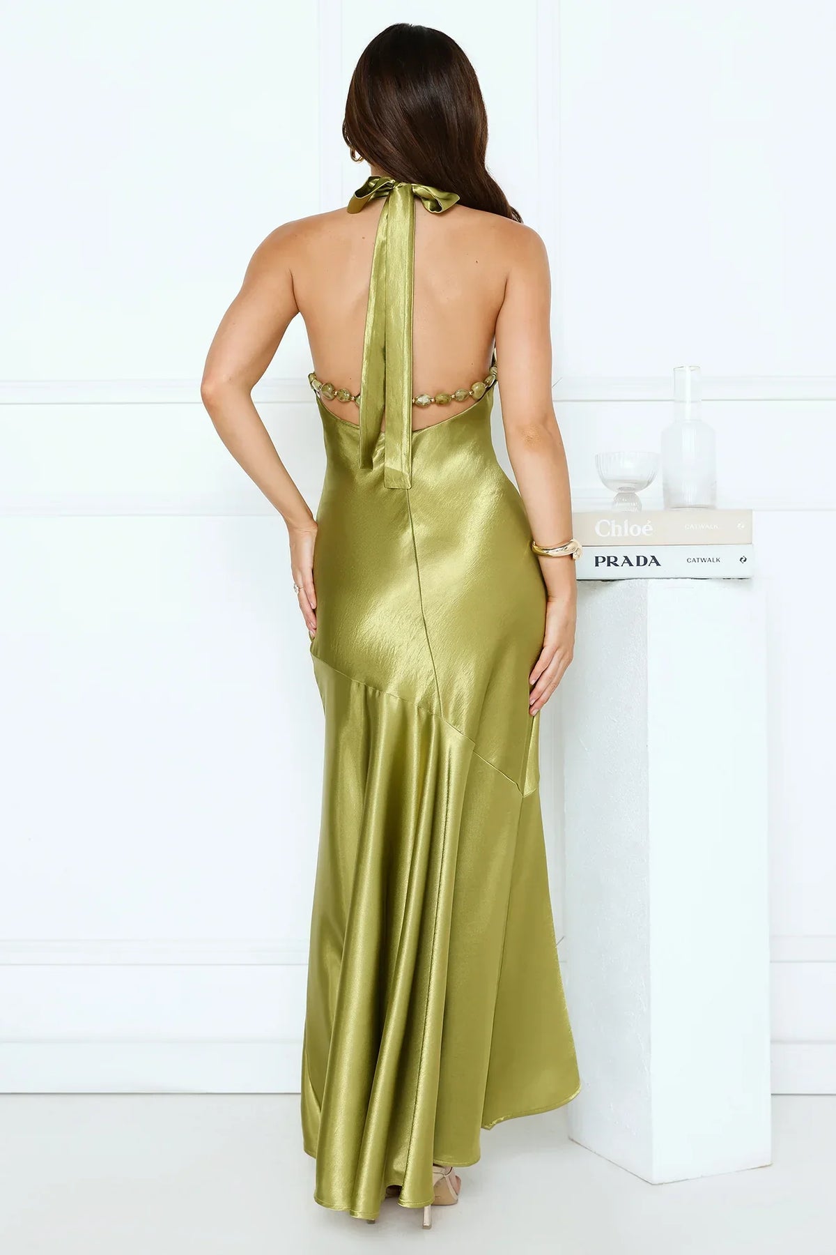 Moonlit Petal Kiss Satin Halter Maxi Dress Olive