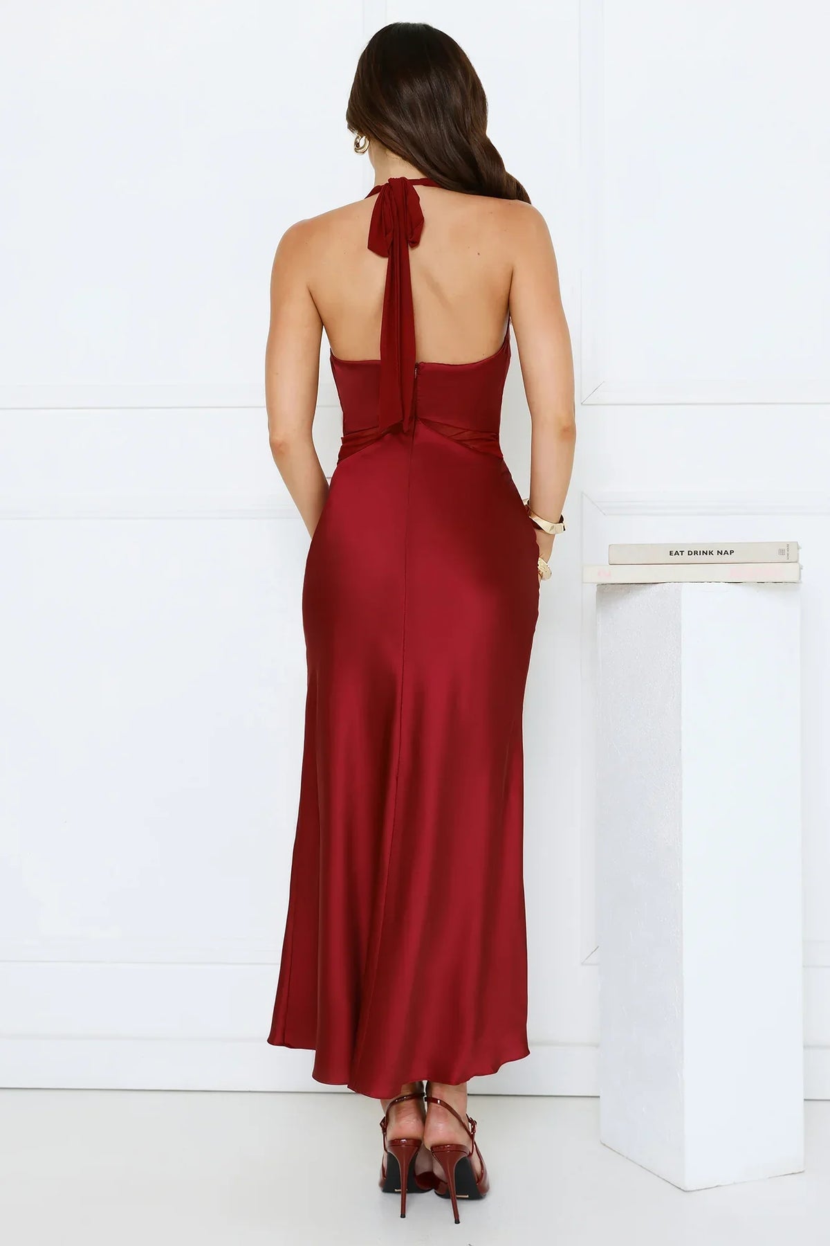 Nocturnal Bloom Satin Halter Maxi Dress Plum