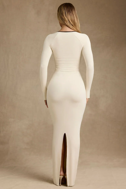 Modal Contrast-Trim Maxi Dress in Ivory