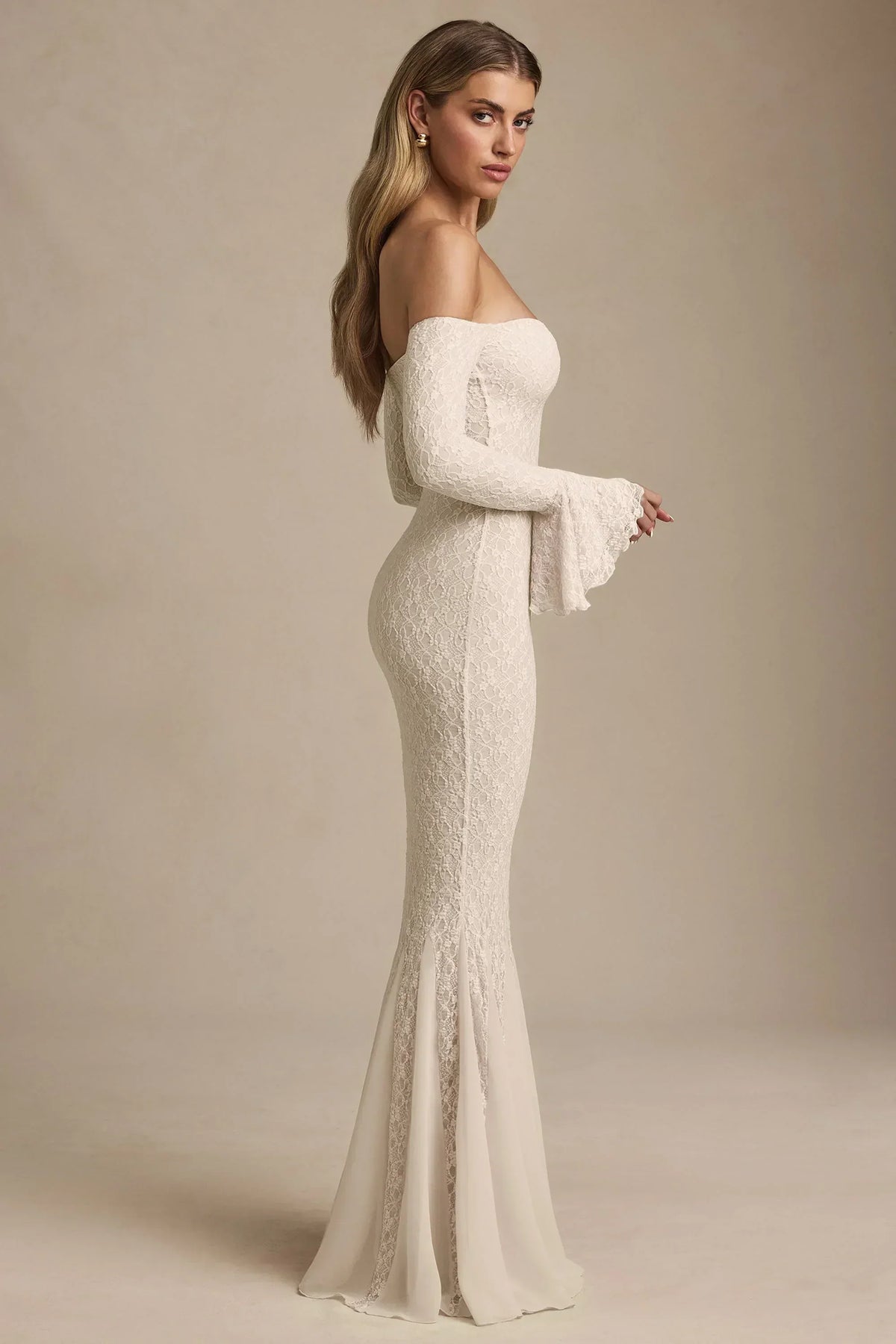 Off-Shoulder Ruffle Lace Maxi Dress in Ivory