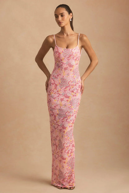 Embellished Scoop-Neck Backless Maxi Dress in Pink