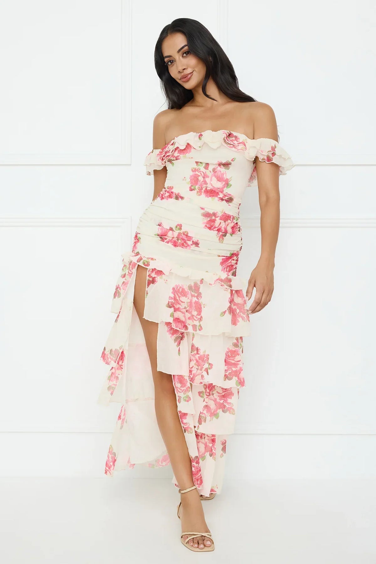 Floralicious Off Shoulder Maxi Dress Cream
