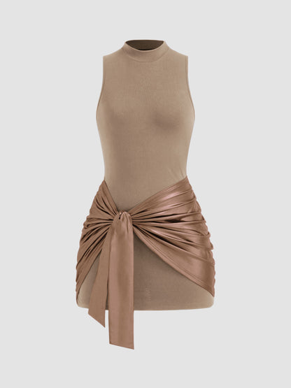 High Neck Ruched Knotted Mini Dress