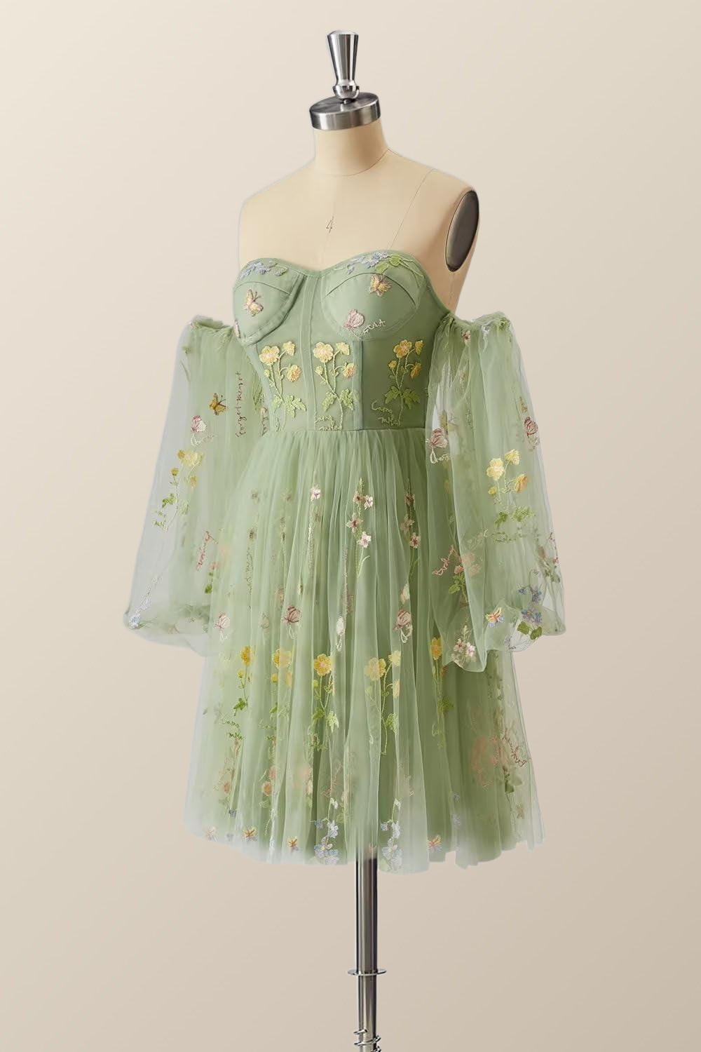 Green Floral Corset A-line Dress with Puff Sleeves
