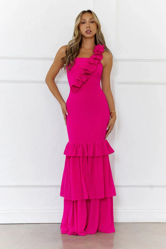 Blooming In Summer One Shoulder Maxi Dress Pink
