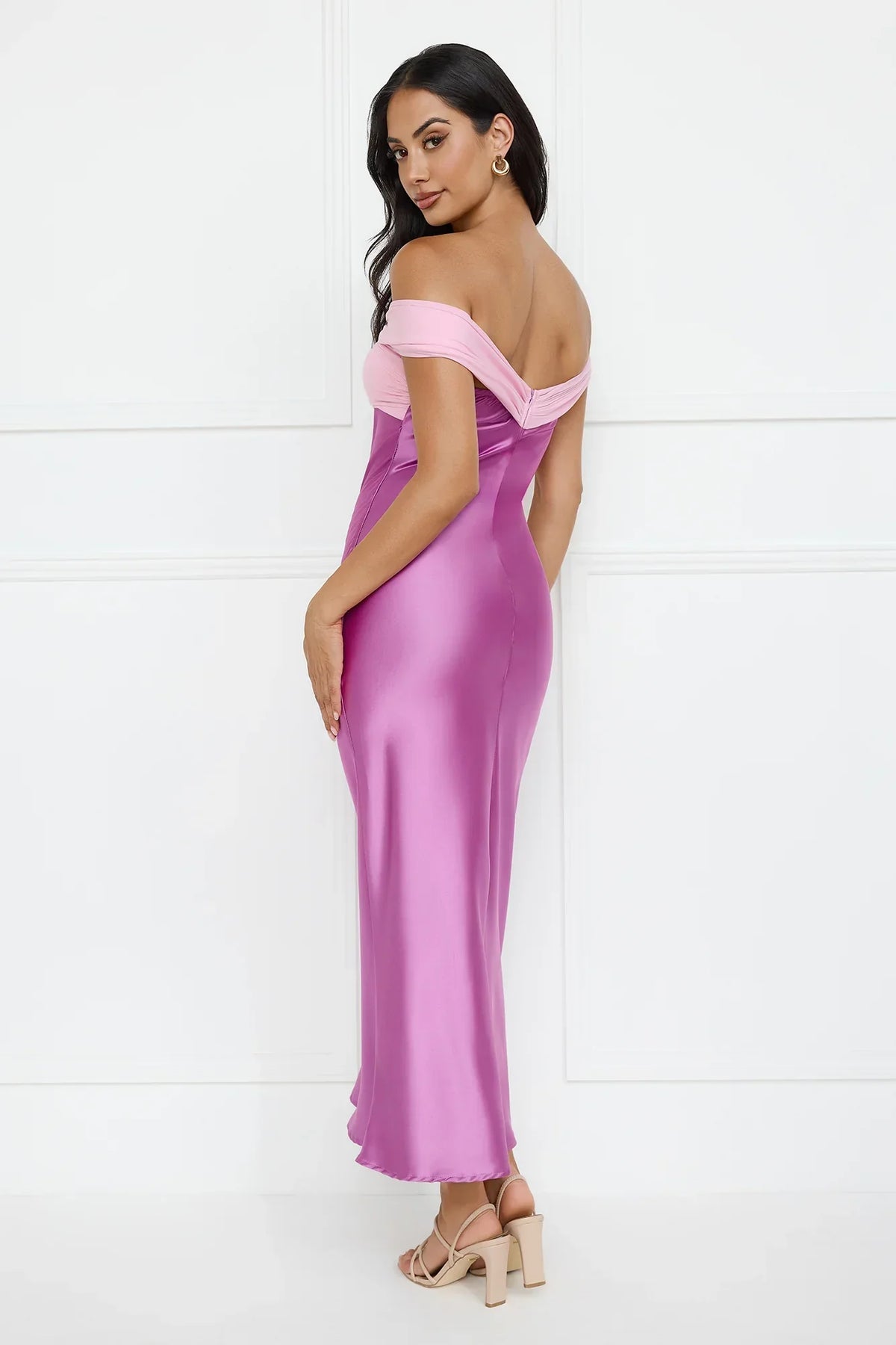 Luxe And Lavish Off Shoulder Satin Maxi Dress Purple