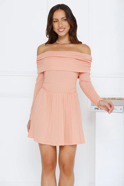 Magic In Motion Off Shoulder Mini Dress Peach
