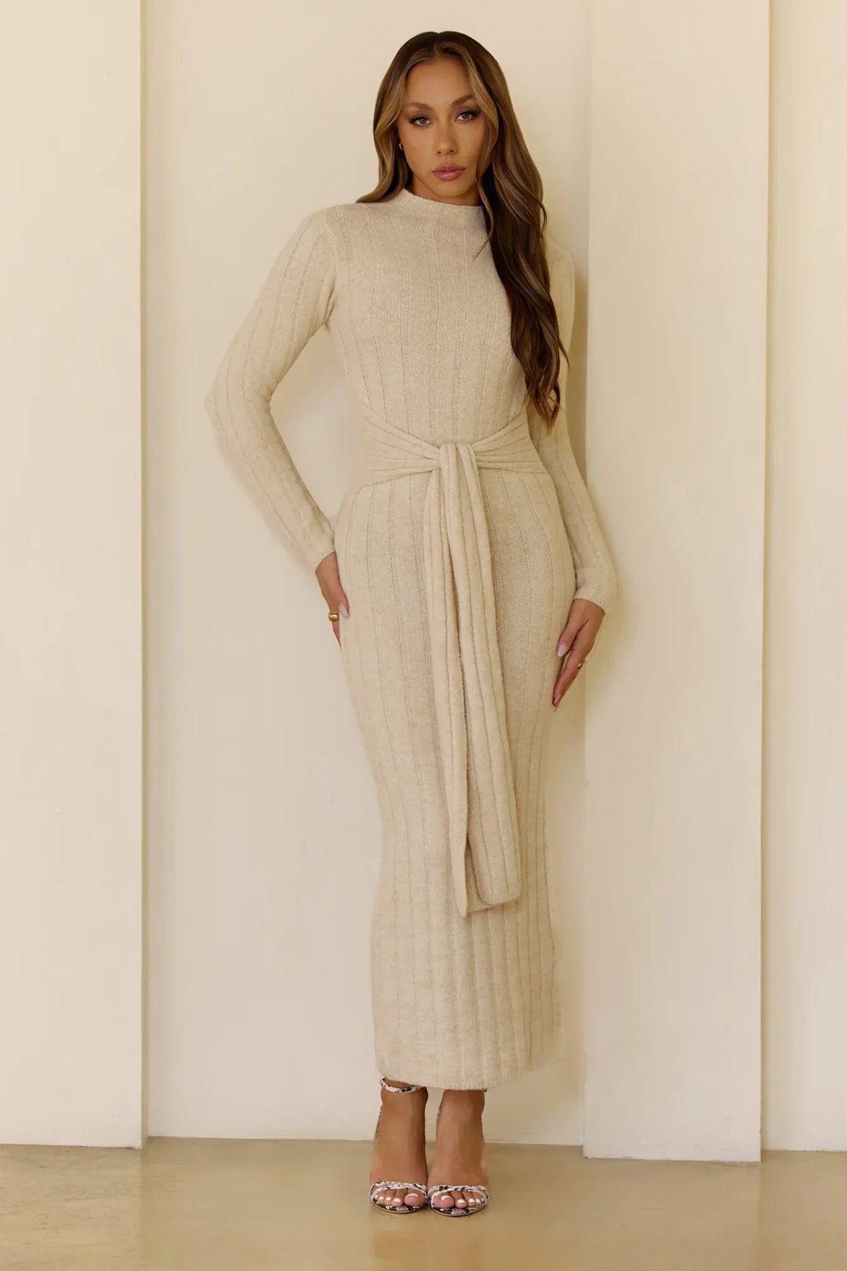 Chilly Nights Knit Long Sleeve Maxi Dress Cream