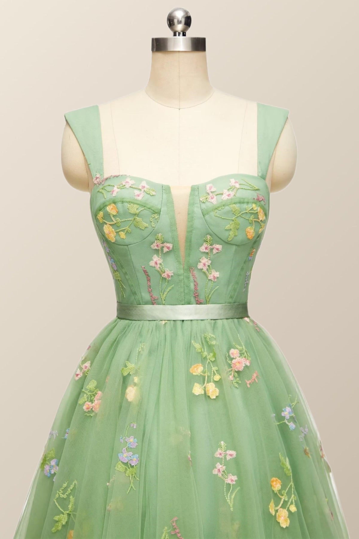 Green Floral A-line Short Princess Dress with Square Neck