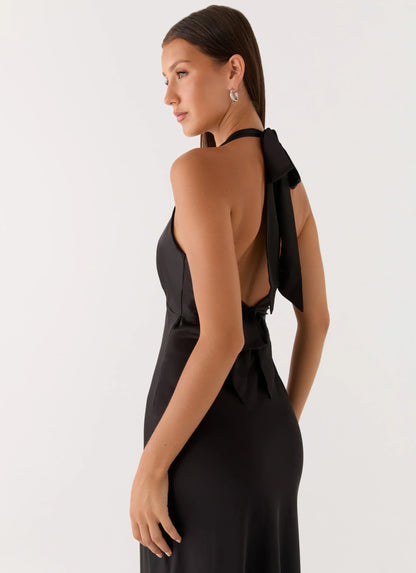 Heavy Hearted Satin Maxi Dress - Black