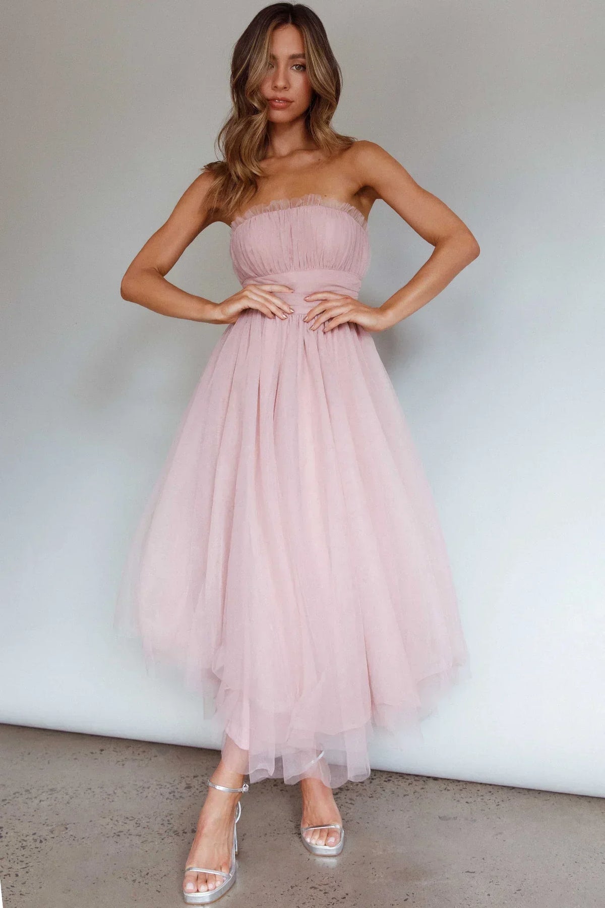 Fayette Strapless Mesh Midi Dress Blush