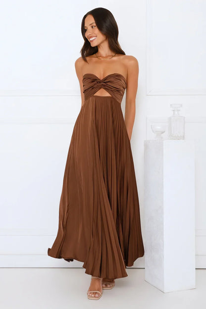 Vibes Are Priceless Strapless Satin Pleated Maxi Dress
