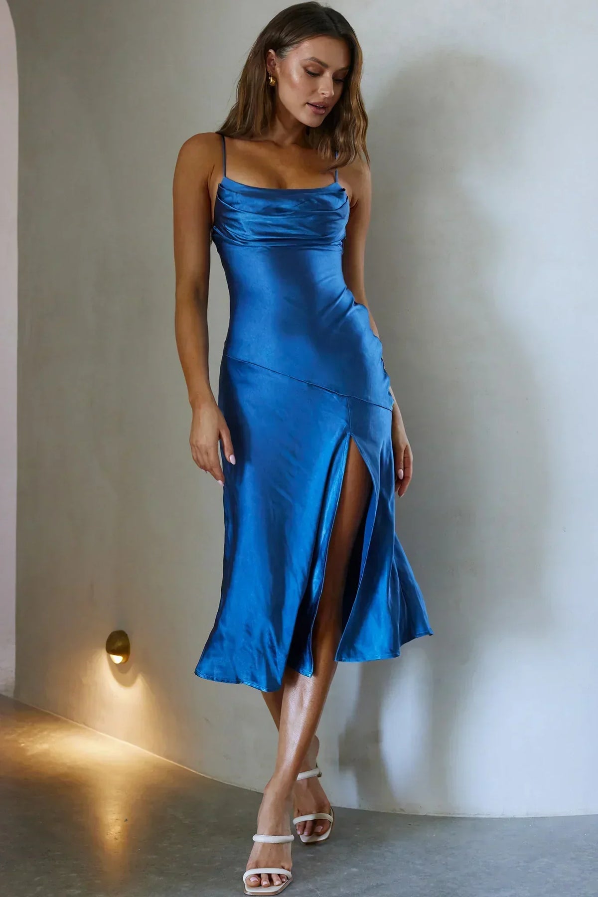 Well Versed Pleated Bust Front Split Dress Navy