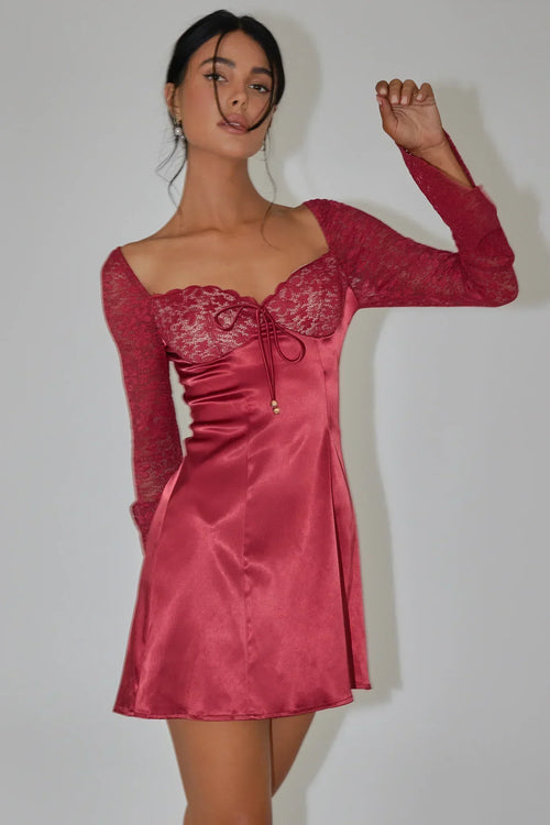 Ti Amo Lace Bust Long Sleeve Mini Dress Wine