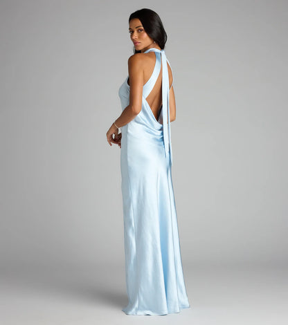 Andie Halter Open Back Slit Satin Formal Dress