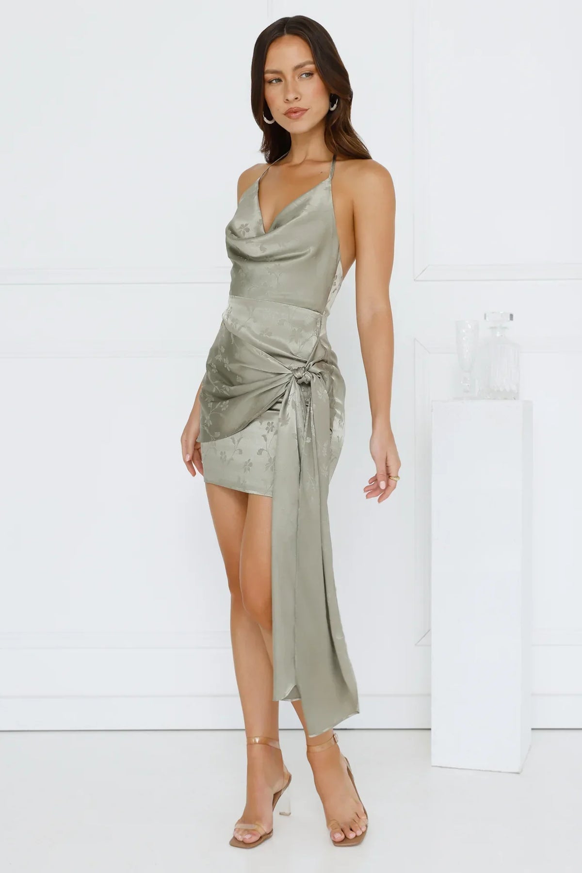 Diamond Of The Season Halter Satin Mini Dress Khaki