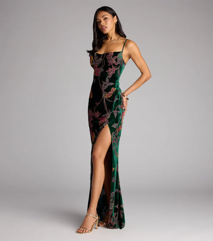Melanie Floral Velvet Lace-Up Formal Dress