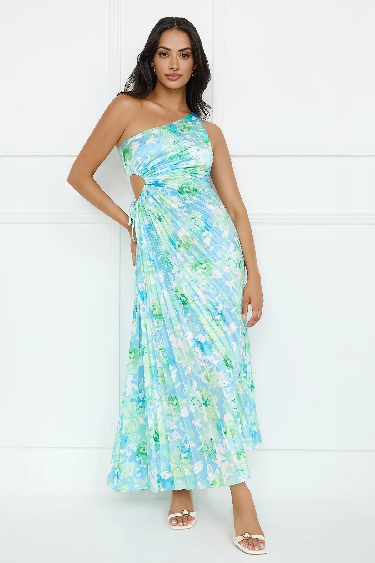 Emerald Ice One Shoulder Satin Pleated Maxi Dress Blue