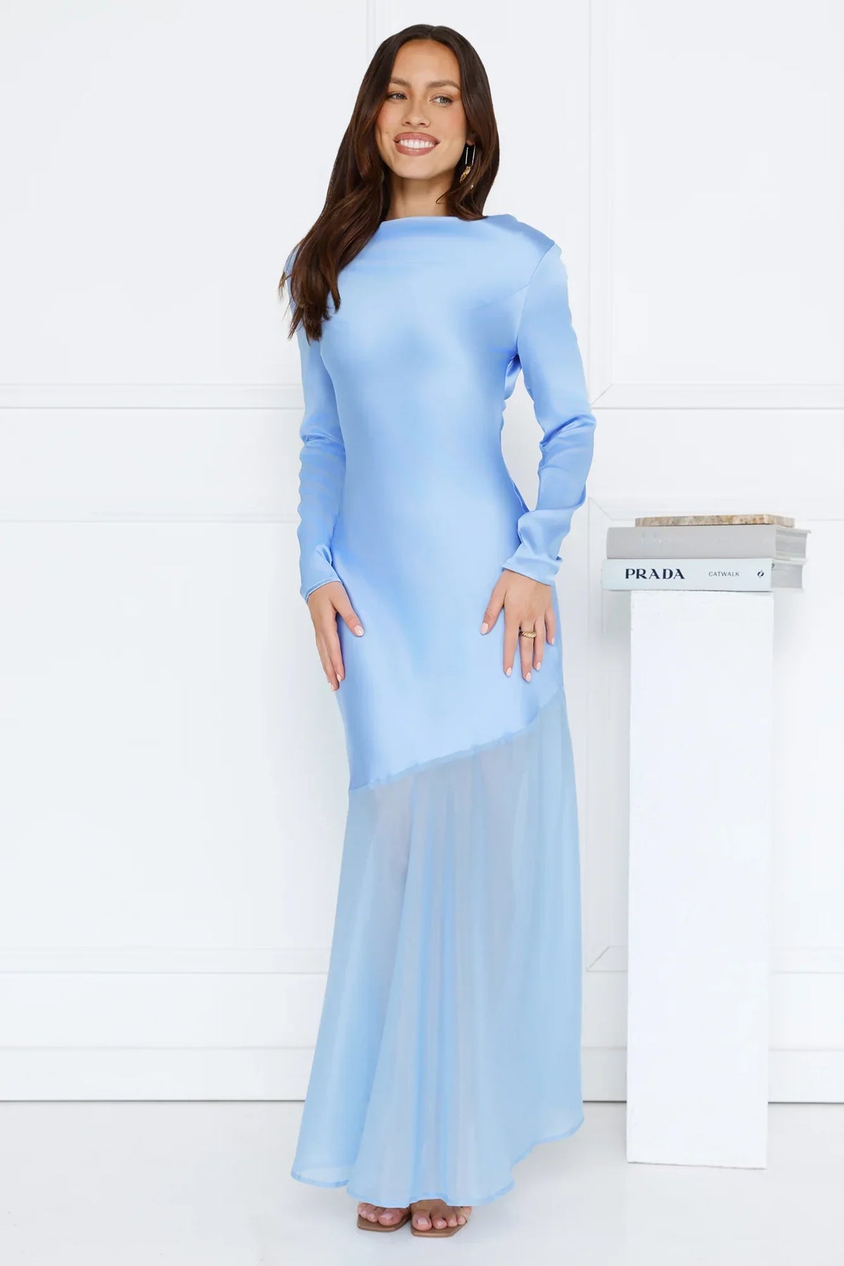 Exquisite Luxury Satin Long Sleeve Maxi Dress Blue
