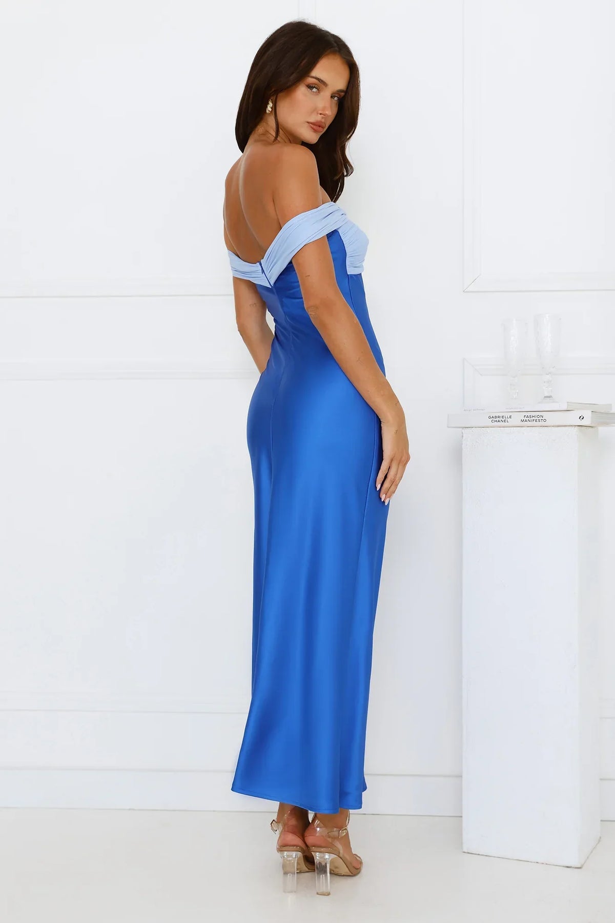 Luxe And Likes Off Shoulder Satin Maxi Dress Blue