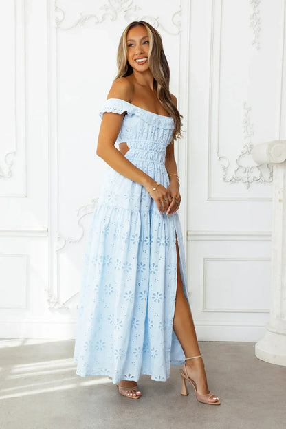 Secrets You Keep Off Shoulder Embroidered Maxi Dress