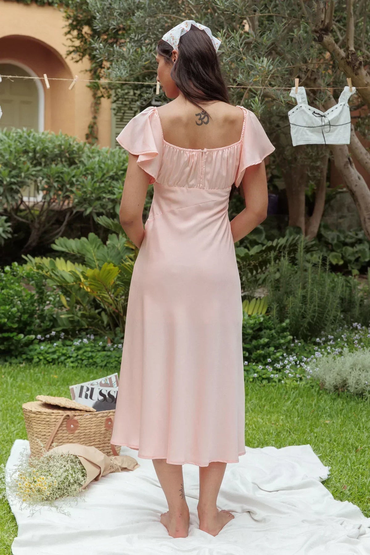 Park Avenue Flutter Sleeve Side Split Midi Dress Blush