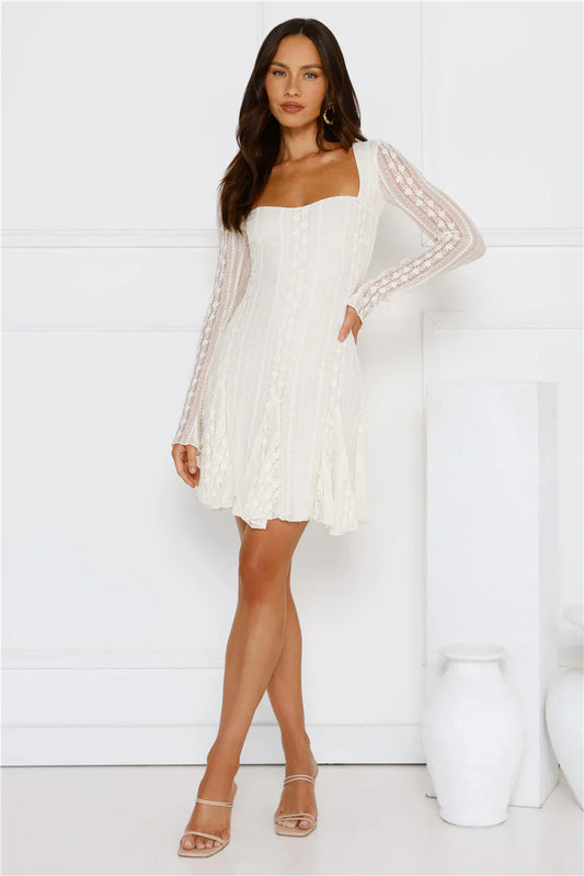 Full Time It Girl Long Sleeve Mini Dress Beige