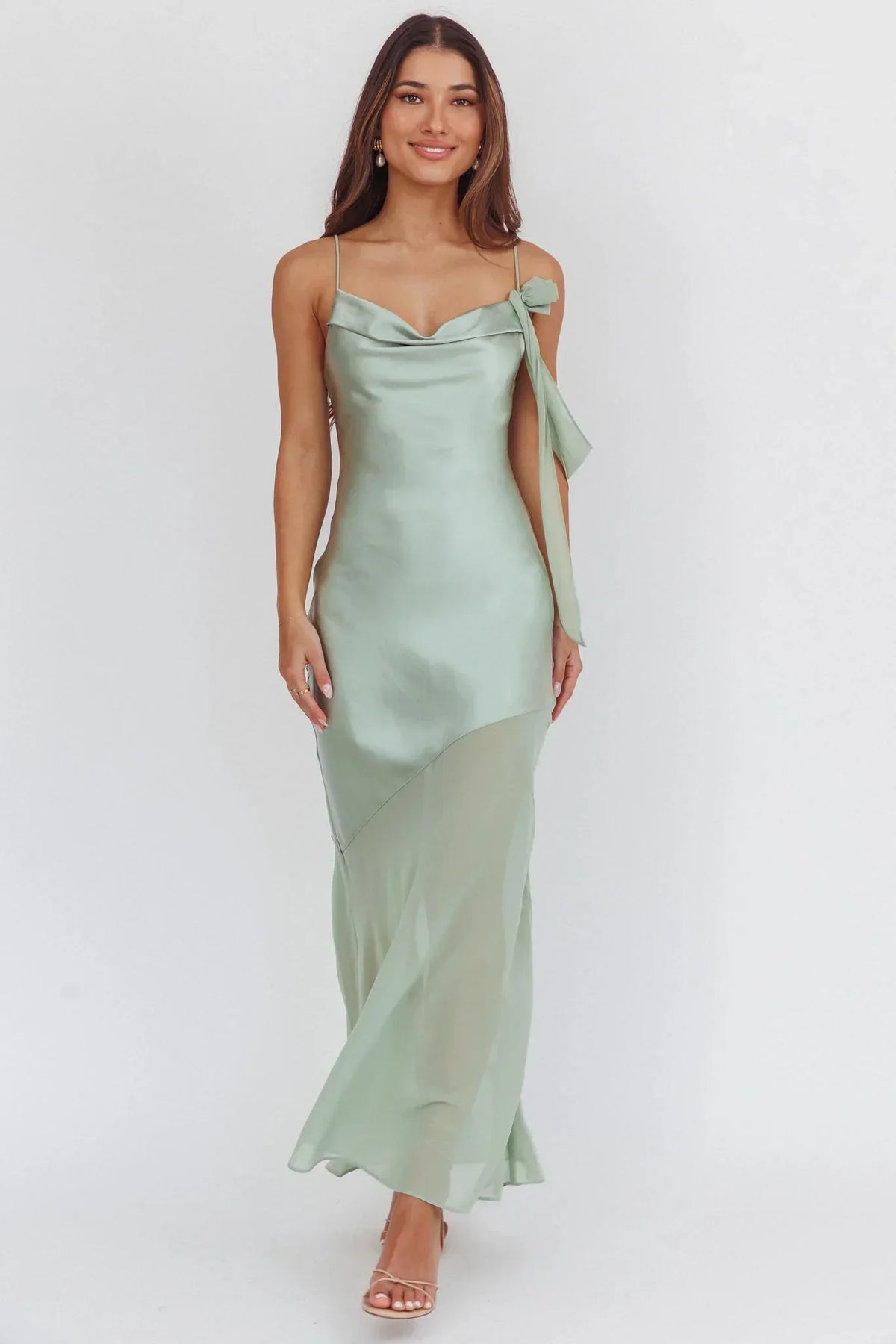 Gilded Dream Shoulder Detail Chiffon Hem Maxi Dress Sage
