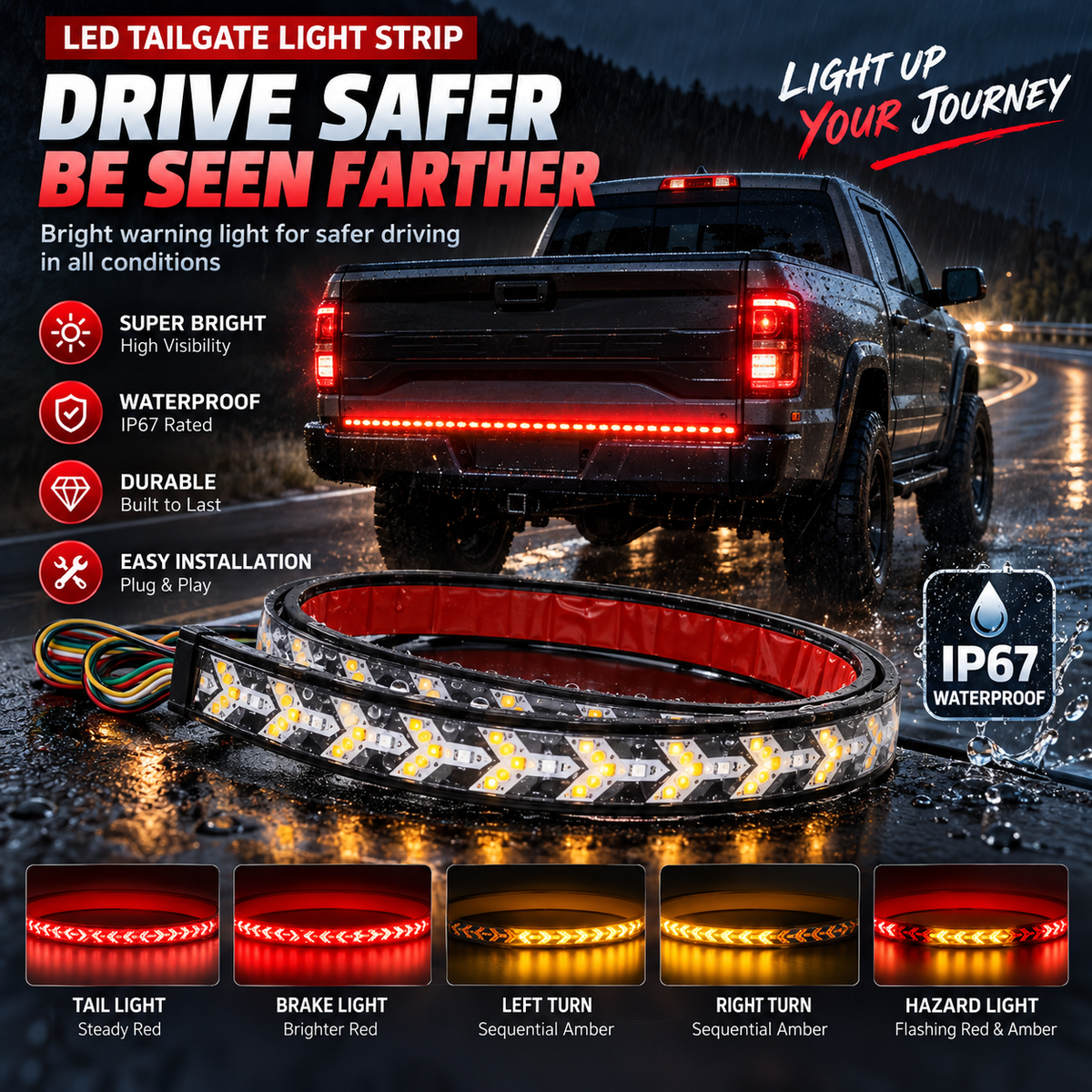 Sequential LED Tailgate Light Bar, IP67 Waterproof Multi-Function Tail Light Strip with Running Brake Turn Signal Hazard Lights for Pickup Truck SUV Van RV, 12V-24V Cuttable LED Tailgate Strip