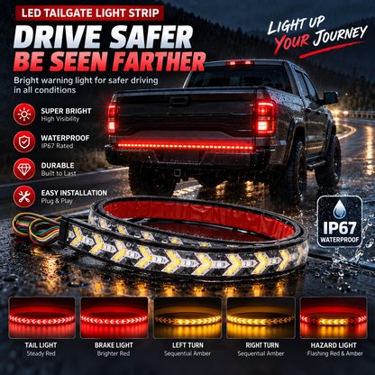 Sequential LED Tailgate Light Bar, IP67 Waterproof Multi-Function Tail Light Strip with Running Brake Turn Signal Hazard Lights for Pickup Truck SUV Van RV, 12V-24V Cuttable LED Tailgate Strip
