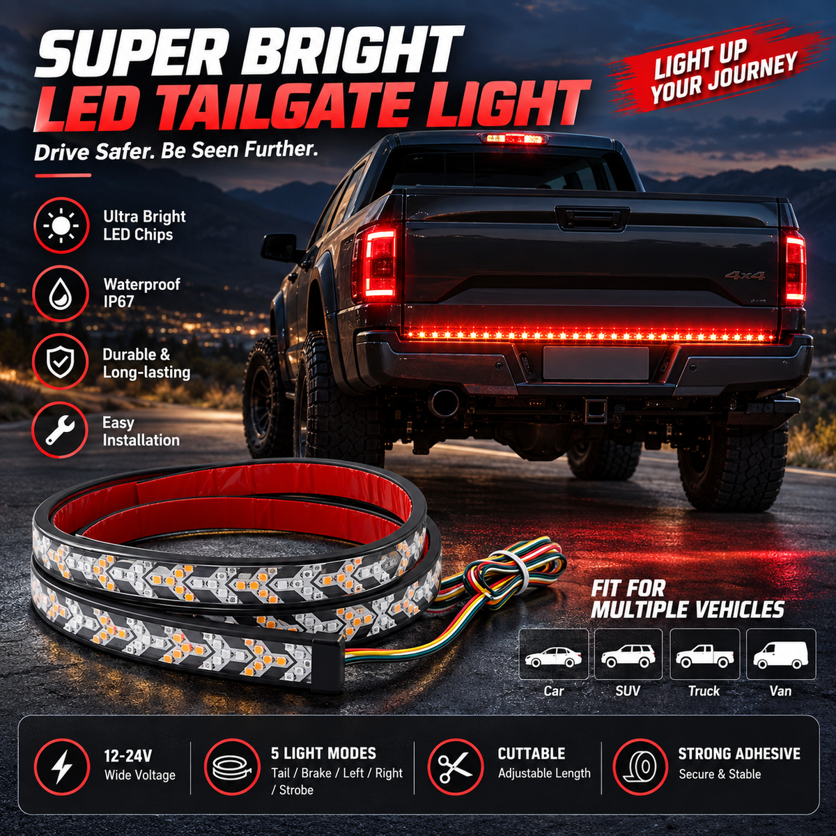 Sequential LED Tailgate Light Bar, IP67 Waterproof Multi-Function Tail Light Strip with Running Brake Turn Signal Hazard Lights for Pickup Truck SUV Van RV, 12V-24V Cuttable LED Tailgate Strip