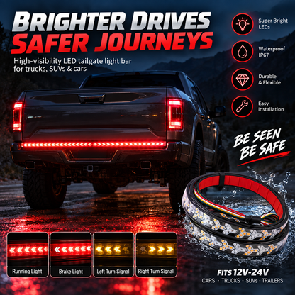 Sequential LED Tailgate Light Bar, IP67 Waterproof Multi-Function Tail Light Strip with Running Brake Turn Signal Hazard Lights for Pickup Truck SUV Van RV, 12V-24V Cuttable LED Tailgate Strip
