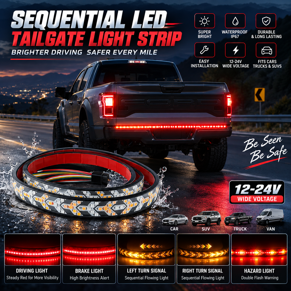 Sequential LED Tailgate Light Bar, IP67 Waterproof Multi-Function Tail Light Strip with Running Brake Turn Signal Hazard Lights for Pickup Truck SUV Van RV, 12V-24V Cuttable LED Tailgate Strip