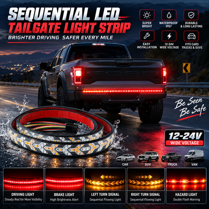 Sequential LED Tailgate Light Bar, IP67 Waterproof Multi-Function Tail Light Strip with Running Brake Turn Signal Hazard Lights for Pickup Truck SUV Van RV, 12V-24V Cuttable LED Tailgate Strip