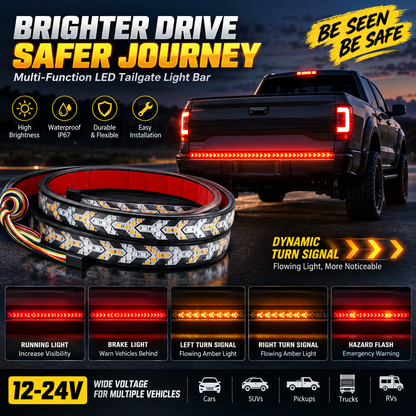 Sequential LED Tailgate Light Bar, IP67 Waterproof Multi-Function Tail Light Strip with Running Brake Turn Signal Hazard Lights for Pickup Truck SUV Van RV, 12V-24V Cuttable LED Tailgate Strip