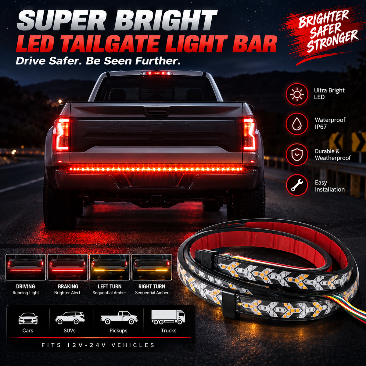 Sequential LED Tailgate Light Bar, IP67 Waterproof Multi-Function Tail Light Strip with Running Brake Turn Signal Hazard Lights for Pickup Truck SUV Van RV, 12V-24V Cuttable LED Tailgate Strip