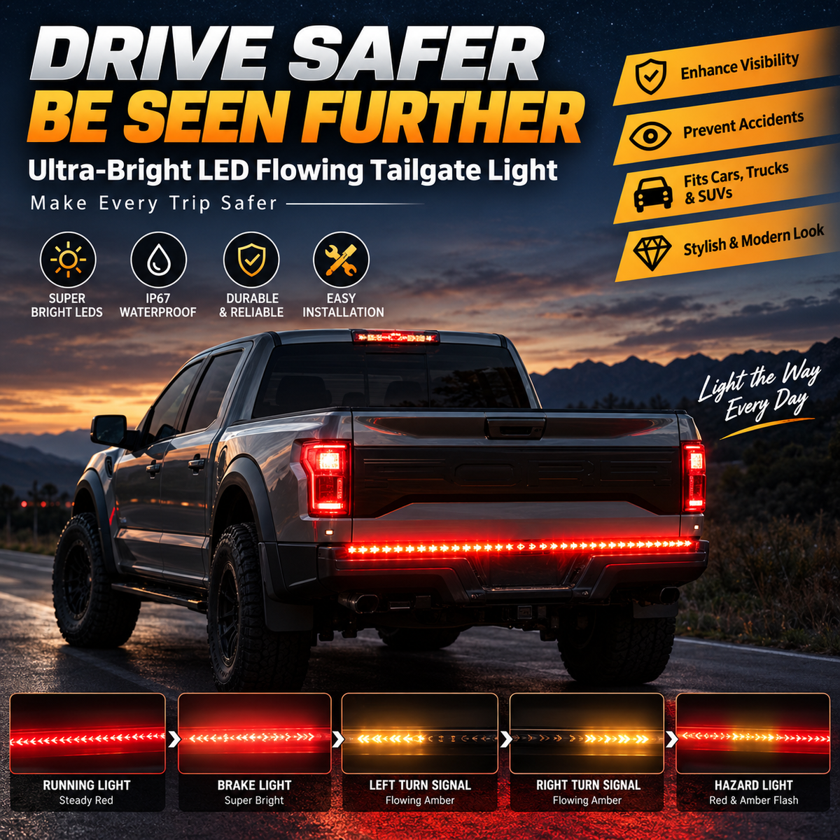 Sequential LED Tailgate Light Bar, IP67 Waterproof Multi-Function Tail Light Strip with Running Brake Turn Signal Hazard Lights for Pickup Truck SUV Van RV, 12V-24V Cuttable LED Tailgate Strip