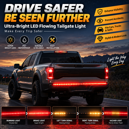 Sequential LED Tailgate Light Bar, IP67 Waterproof Multi-Function Tail Light Strip with Running Brake Turn Signal Hazard Lights for Pickup Truck SUV Van RV, 12V-24V Cuttable LED Tailgate Strip