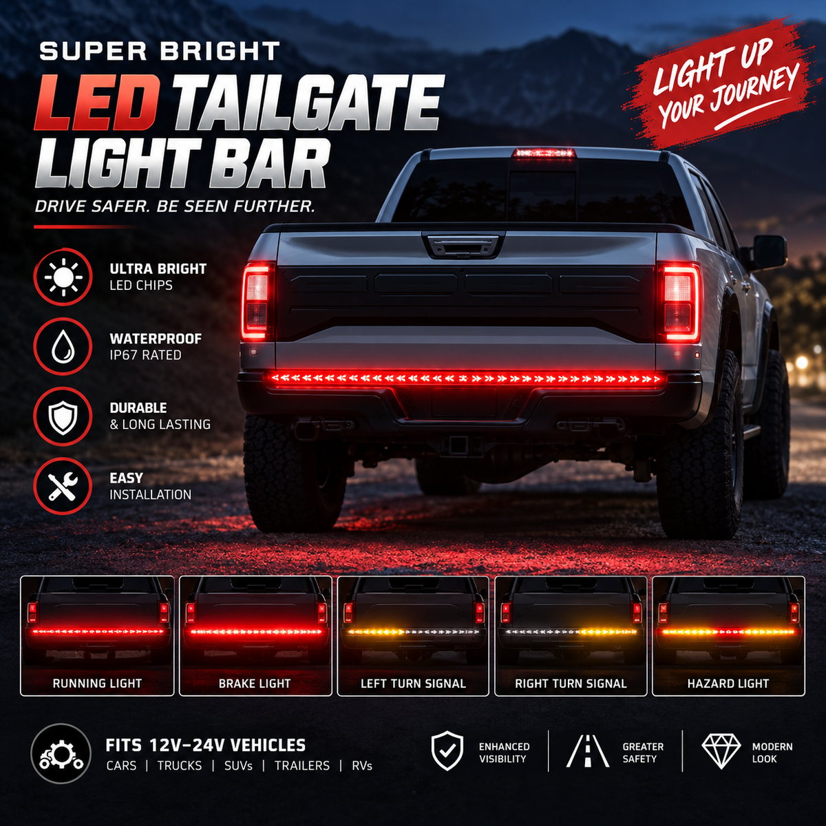 Sequential LED Tailgate Light Bar, IP67 Waterproof Multi-Function Tail Light Strip with Running Brake Turn Signal Hazard Lights for Pickup Truck SUV Van RV, 12V-24V Cuttable LED Tailgate Strip