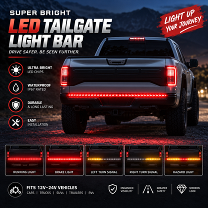 Sequential LED Tailgate Light Bar, IP67 Waterproof Multi-Function Tail Light Strip with Running Brake Turn Signal Hazard Lights for Pickup Truck SUV Van RV, 12V-24V Cuttable LED Tailgate Strip