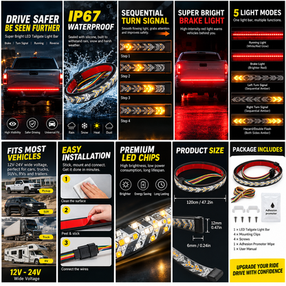 Sequential LED Tailgate Light Bar, IP67 Waterproof Multi-Function Tail Light Strip with Running Brake Turn Signal Hazard Lights for Pickup Truck SUV Van RV, 12V-24V Cuttable LED Tailgate Strip