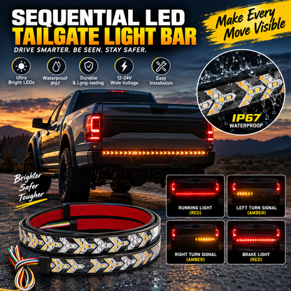 Sequential LED Tailgate Light Bar, IP67 Waterproof Multi-Function Tail Light Strip with Running Brake Turn Signal Hazard Lights for Pickup Truck SUV Van RV, 12V-24V Cuttable LED Tailgate Strip