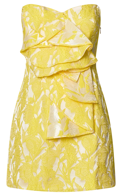 Amalie The Label - Frederika Strapless Ruffle Detail Jacquard Mini Dress in Yellow