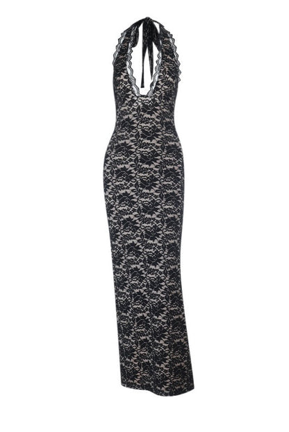 Halter Black Lace Fitted Long Dress