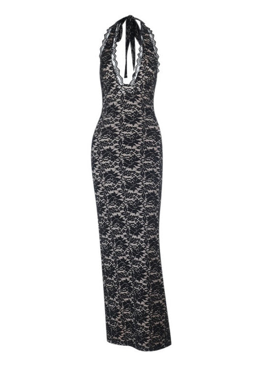Halter Black Lace Fitted Long Dress