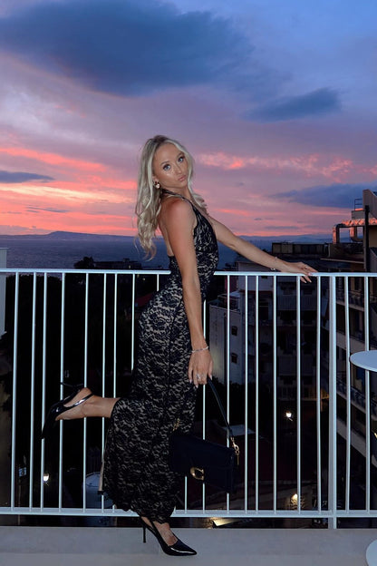Halter Black Lace Fitted Long Dress
